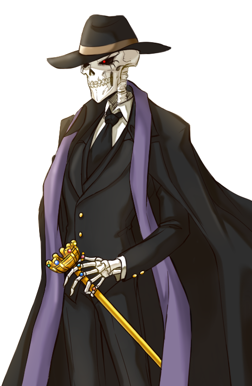 1boy ainz_ooal_gown alternate_costume artist_request cape formal hat necktie overlord_(maruyama) scarf skeleton solo suit wand