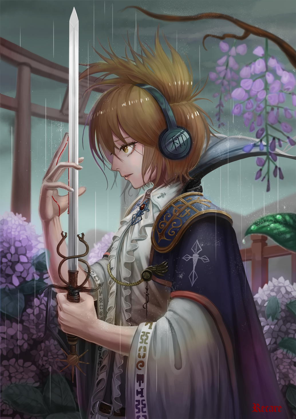 1boy artist_name bangs belt bleeding blood blurry blush brooch cape center_frills depth_of_field dripping earmuffs eyelashes flower from_side genderswap highres holding_sword holding_weapon hydrangea jewelry lead leaf long_sleeves male male_focus outdoors parted_lips pink_lips pointy_hair profile rain recare rope sky solo sun_(symbol) sword torii touhou toyosatomimi_no_miko tree upper_body water_drop weapon wide_sleeves yellow_eyes