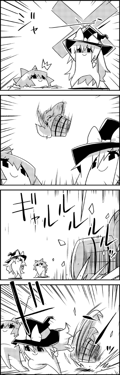 4koma bow bucket cirno comic commentary_request dropping hair_between_eyes hair_bow hair_ornament hat hat_bow highres ice ice_wings in_bucket in_container kirisame_marisa kisume monochrome pose rolling_eyes running shaded_face smile surprised tani_takeshi touhou translation_request twintails wings witch_hat wooden_bucket yukkuri_shiteitte_ne