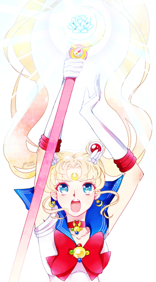 1girl 2015 :o arms_up bishoujo_senshi_sailor_moon blonde_hair blue_eyes bow brooch choker crescent dated double_bun earrings elbow_gloves facial_mark forehead_mark gloves hair_ornament hairpin jewelry long_hair looking_at_viewer maboroshi_no_ginzuishou magical_girl moon_stick red_bow sailor_collar sailor_moon signature solo staff tsukino_usagi twintails upper_body white_background white_gloves yukinami_(paru26i)