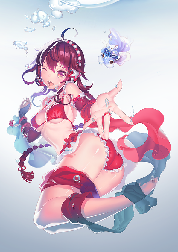 1girl ;d ahoge air_bubble alternate_costume animal arm_garter ass asymmetrical_sleeves bangs barefoot beads bikini bikini_skirt bow bracelet braid breasts bridal_gauntlets brown_hair detached_sleeves fish frilled_bikini frills full_body gradient gradient_background hair_ornament headphones headset jewelry legs_together long_hair looking_at_viewer looking_back microphone one_eye_closed open_mouth outstretched_arm palms reaching red_bikini red_bow red_eyes ring saidyiiii see-through single_braid smile solo star striped striped_bikini swimsuit tassel under_boob underwater very_long_hair vocaloid vocanese yuezheng_ling