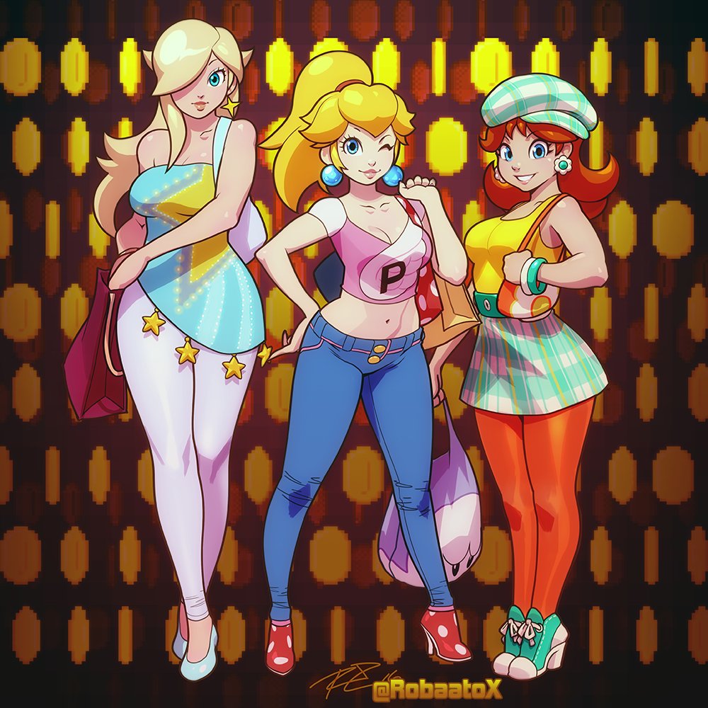 3girls ;) bag blonde_hair blue_eyes bracelet breasts brown_hair cabbie_hat casual cleavage crossed_legs dress earrings hair_over_one_eye handbag hat high_heels jewelry legs super_mario_bros. midriff multiple_girls navel one_eye_closed plaid plaid_skirt ponytail princess_daisy princess_peach robert_porter rosetta_(mario) shopping_bag short_dress short_shorts shorts skirt smile strapless strapless_dress super_mario_bros. super_mario_galaxy vest watson_cross