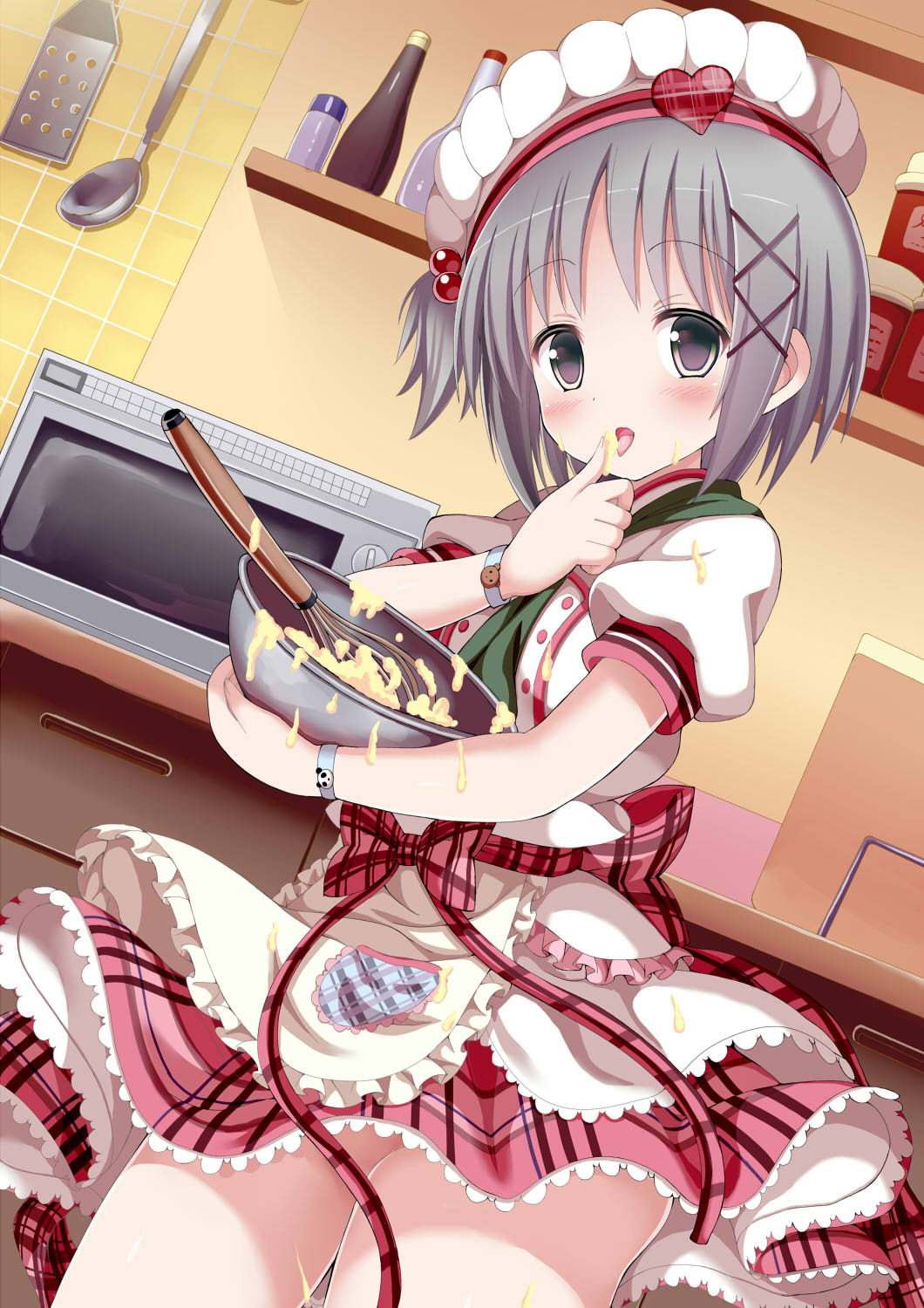 1girl blush bowl chef_hat commentary_request cowboy_shot dress finger_licking food food_on_clothes food_on_face givuchoko grey_eyes grey_hair hat highres kitchen layered_dress licking microwave moe2016 one_side_up open_mouth original puffy_short_sleeves puffy_sleeves short_sleeves silver_hair solo spilling thighs tongue tongue_out whisk wrist_cuffs
