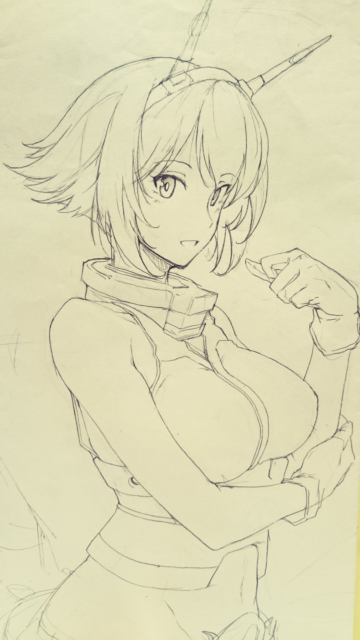 arm_up bangs bare_hips breasts collar elbow_on_arm from_side gloves graphite_(medium) harukon_(halcon) headgear highres kantai_collection large_breasts looking_at_viewer midriff navel sleeveless smile traditional_media