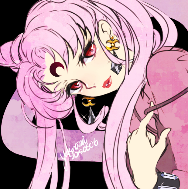 1girl 2015 bishoujo_senshi_sailor_moon black_background black_lady chibi_usa close-up crescent crystal_earrings dated earrings facial_mark forehead_mark hair_bun jewelry lipstick long_hair looking_at_viewer makeup older pink_hair red_eyes red_lipstick signature solo twintails yukinami_(paru26i)