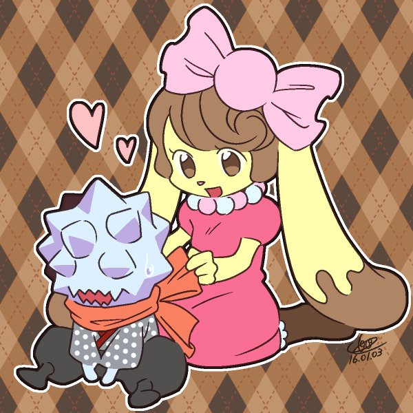 1boy 1girl adjusting_clothes argyle argyle_background brown_background brown_eyes brown_hair candy_lapin_(show_by_rock!!) chahora_(siki_dos) dated dress gashi-gashi_(show_by_rock!!) heart no_eyes open_mouth puffy_short_sleeves puffy_sleeves rabbit short_sleeves show_by_rock!! signature sitting smile