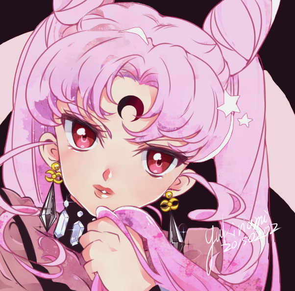 1girl 2015 bishoujo_senshi_sailor_moon black_background black_lady blush chibi_usa close-up crescent crystal_earrings dated double_bun earrings face facial_mark forehead_mark jewelry long_hair looking_at_viewer older pink_hair red_eyes signature solo twintails yukinami_(paru26i)