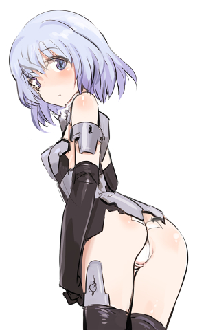 1girl ass bare_shoulders blue_eyes detached_collar elbow_gloves frame_arms_girl from_behind gloves looking_at_viewer looking_back lowres materia_(frame_arms_girl) shimada_fumikane short_hair silver_hair solo thigh-highs