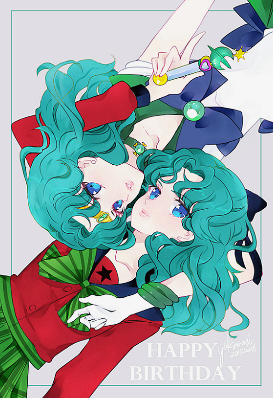 2015 2girls aqua_hair bishoujo_senshi_sailor_moon blue_bow blue_eyes bow choker dated dual_persona gloves green_bow grey_background hair_bow half_updo happy_birthday kaiou_michiru looking_at_viewer magical_girl multiple_girls sailor_neptune school_uniform serafuku short_hair striped striped_bow tiara wand white_gloves yukinami_(paru26i)