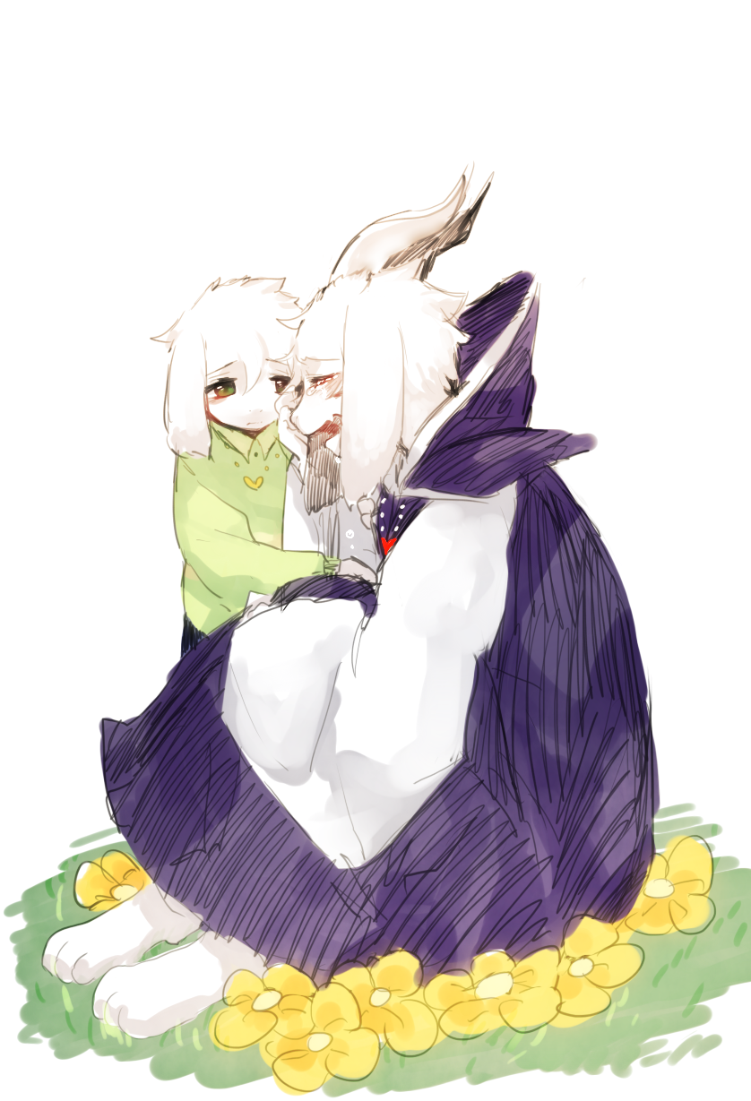 2boys asriel_dreemurr comforting crying dual_persona fangs flower green_eyes heart highres horns hug koyashaka monster_boy multiple_boys multiple_persona open_mouth red_eyes shirt spoilers striped striped_shirt tears time_paradox undertale
