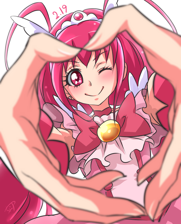 1girl antenna_hair blush bow brooch chocokin choker cowboy_shot cure_happy dated heart heart_hands hoshizora_miyuki jewelry long_hair looking_at_viewer magical_girl one_eye_closed pink_bow pink_eyes pink_hair precure signature smile smile_precure! solo tiara white_background wrist_cuffs