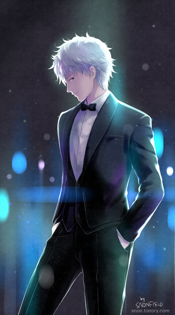 1boy artist_name bow bowtie gintama hands_in_pockets lens_flare light_particles male_focus profile red_eyes sakata_gintoki signature snonfield solo spotlight tuxedo watermark web_address white_hair