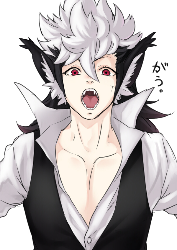 1boy animal_ears black_hair fire_emblem fire_emblem_if flannel_(fire_emblem_if) ichikeita long_hair multicolored_hair open_mouth red_eyes scar simple_background two-tone_hair white_background white_hair wolf_ears