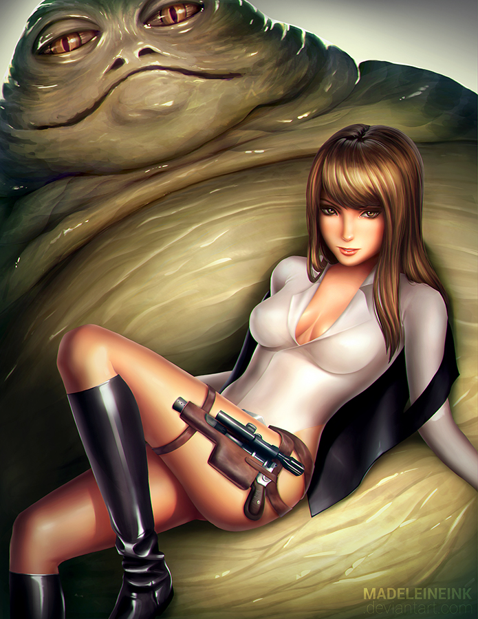 1girl alien assertive bodysuit boots breasts brown_eyes brown_hair energy_gun female genderswap han_solo holster jabba_the_hutt legs leotard lips looking_at_viewer madeleineink monster ray_gun realistic science_fiction seductive_smile signature size_difference smile star_wars tail undressing vest weapon