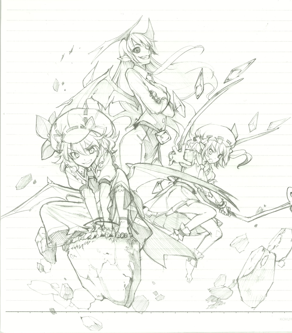 3girls ankle_ribbon ascot barefoot between_legs black_sclera bracelet claws crossed_arms crystal demon_girl demon_wings dress eho_(icbm) flandre_scarlet floating floating_rock graphite_(medium) grin hand_between_legs head_wings jewelry koakuma long_hair looking_at_viewer monochrome multiple_girls open_mouth paper_background pointy_ears puffy_short_sleeves puffy_sleeves remilia_scarlet rock short_hair short_sleeves skirt smile squatting tagme touhou traditional_media wings