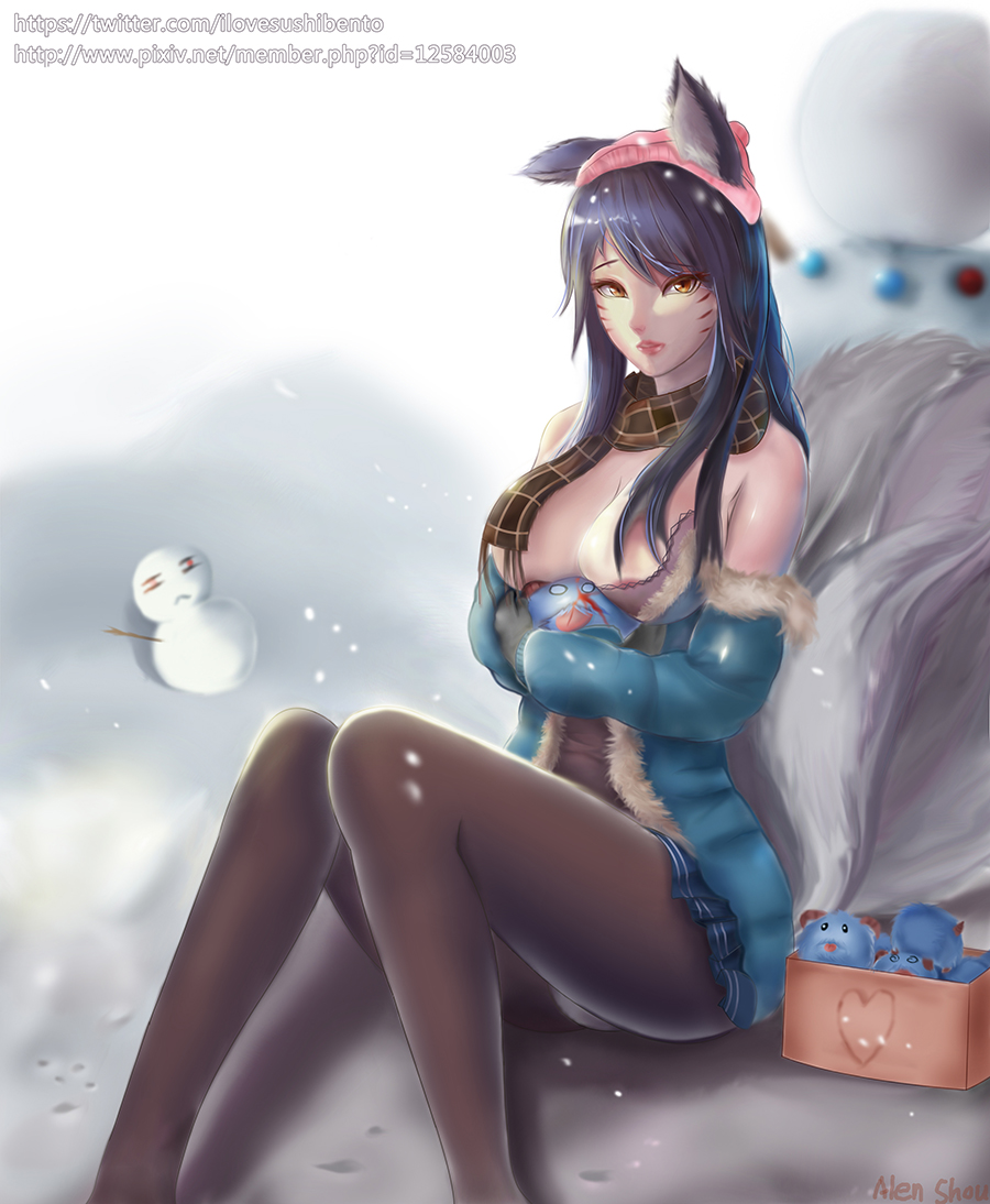 ahri alternate_costume animal_ears black_legwear blood breasts fox_ears fox_tail large_breasts league_of_legends lips long_hair looking_at_viewer multiple_tails nosebleed object_hug off_shoulder pantyhose parted_lips poro_(league_of_legends) sitting tail yellow_eyes