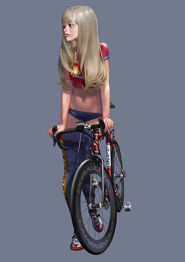 1girl bangs bicycle biker_clothes black_legwear blonde_hair blunt_bangs blush closed_mouth clothes_writing ferrari full_body green_eyes hitomi_kazuya leg_up lips looking_back looking_to_the_side midriff navel nose open_mouth original shoes short_hair short_sleeves sneakers soles standing_on_one_leg stomach thigh-highs wheel