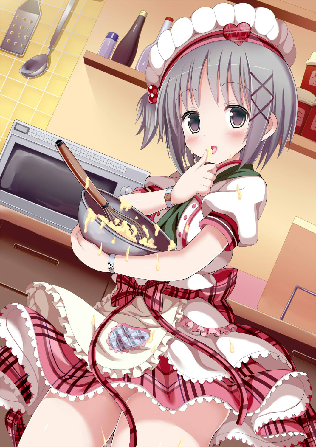 1girl blush bowl chef_hat commentary_request cowboy_shot dress finger_licking food food_on_clothes food_on_face givuchoko grey_eyes grey_hair hat highres kitchen layered_dress licking microwave mixing_bowl moe2016 one_side_up open_mouth original puffy_short_sleeves puffy_sleeves revision short_sleeves silver_hair solo spilling tasting thighs tongue tongue_out whisk wrist_cuffs