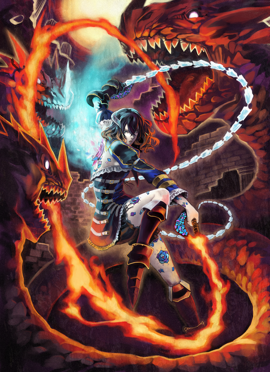 1girl black_hair bloodstained:_ritual_of_the_night bloomers boots brown_hair detached_sleeves dress dual_wielding fire glowing hair_ornament highres ice miriam_(bloodstained) monster multicolored_hair natsume_yuji official_art tagme tattoo two-tone_hair underwear whip