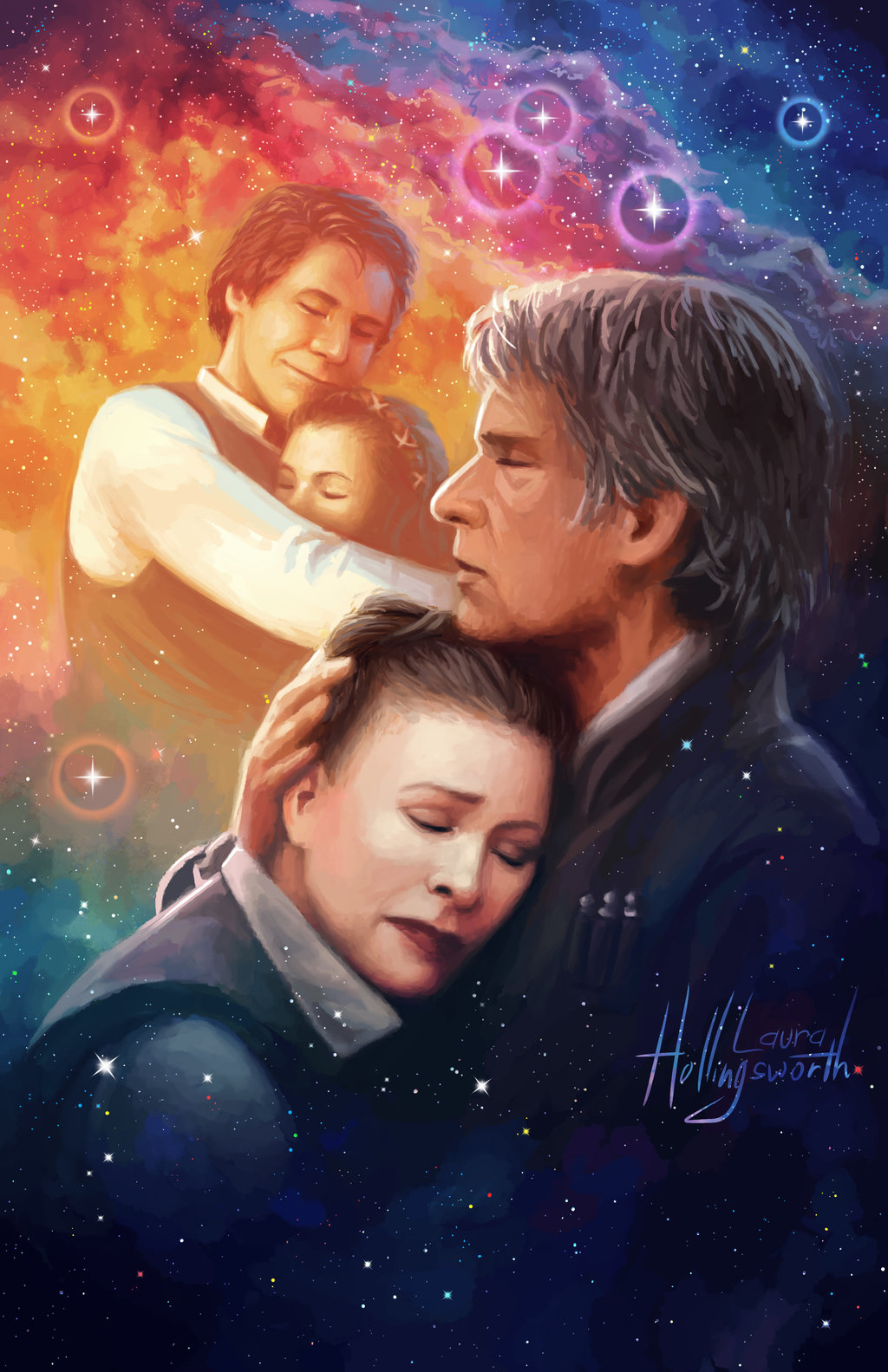 1boy 1girl bad_end couple dual_persona epic good_end grey_hair han_solo highres hug husband_and_wife jacket laura_hollingsworth old princess_leia_organa_solo realistic sad science_fiction signature sky space spoilers star_(sky) star_wars star_wars:_the_force_awakens starry_sky vest younger