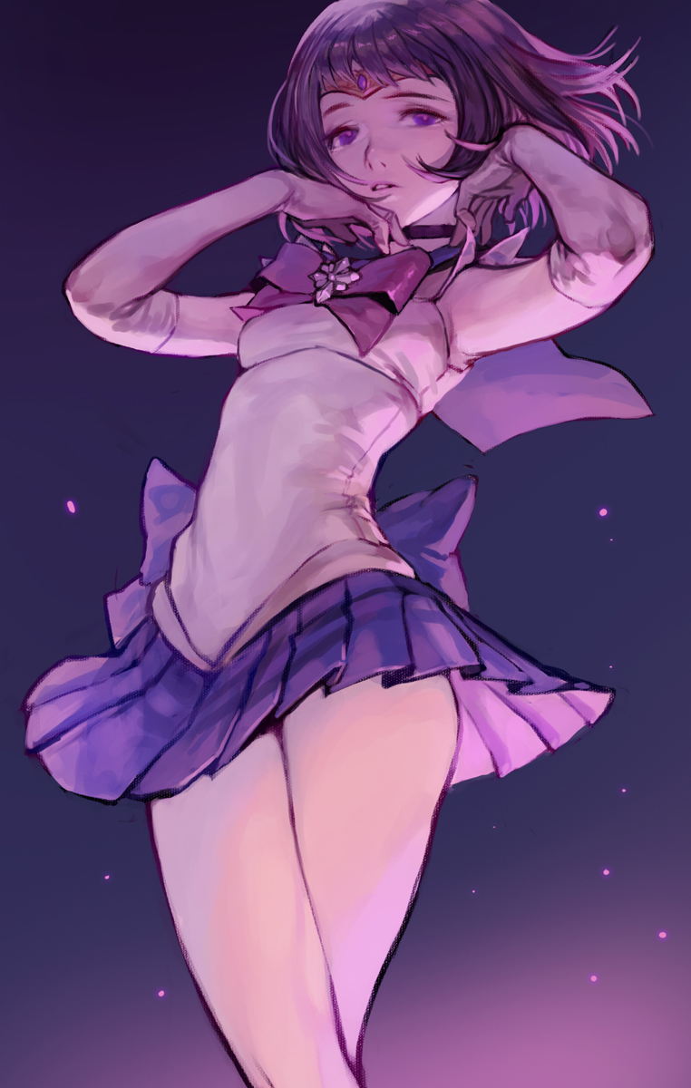 arched_back armpits ass bishoujo_senshi_sailor_moon bow circlet elbow_gloves gloves gradient gradient_background highres lavender_eyes miniskirt parted_lips pleated_skirt purple_hair racoona sailor_saturn short_hair skirt tomoe_hotary