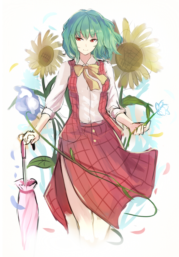 1girl ascot closed_umbrella flower green_hair kazami_yuuka long_sleeves looking_at_viewer nakaichi_(ridil) open_clothes open_vest red_eyes shirt side_slit skirt skirt_set smile solo sunflower touhou umbrella vest
