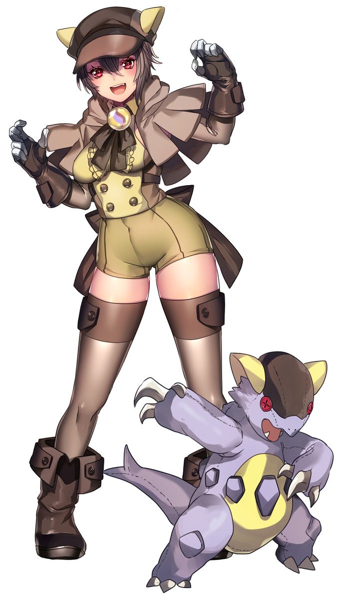 1girl boots brown_gloves brown_hair capelet fang full_body gloves hat horned_headwear kangaskhan katagiri_hachigou looking_at_viewer mega_pokemon open_mouth personification pokemon red_eyes short_hair simple_background solo standing teeth thigh-highs white_background