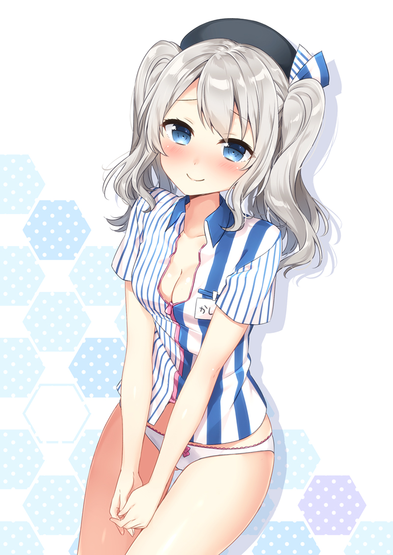 1girl beret blue_eyes blush bow breasts cleavage clip closed_mouth collarbone collared_shirt cowboy_shot dress_shirt eyelashes from_above hands_together hat hat_bow head_tilt hexagon kantai_collection kashima_(kantai_collection) lawson lips looking_at_viewer name_tag own_hands_together panties shima_(shima_je) shirt short_hair short_sleeves short_twintails silver_hair simple_background smile solo standing striped striped_shirt thigh_gap tsurime twintails underwear v_arms wavy_hair white_background white_panties zipper