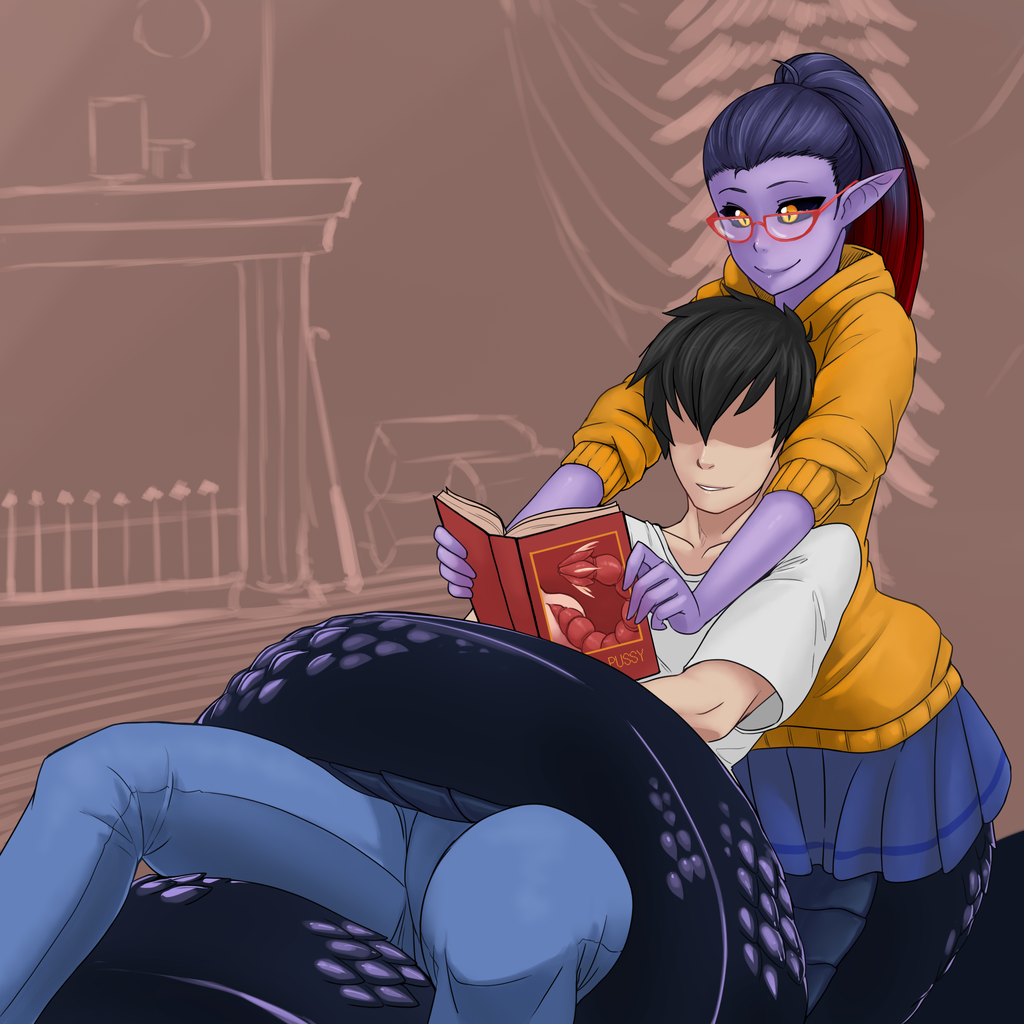 1boy 1girl apophis_(monster_girl_encyclopedia) bespectacled black_hair black_sclera book cameo casual couple faceless faceless_male glasses gradient_hair hetero lamia less long_hair manticore_(monster_girl_encyclopedia) monster_girl monster_girl_encyclopedia multicolored_hair open_book pointy_ears ponytail purple_skin reading red-framed_glasses redhead scales shaded_face shirt short_hair skirt slit_pupils smile sweater t-shirt tail tail_wrap yellow_eyes