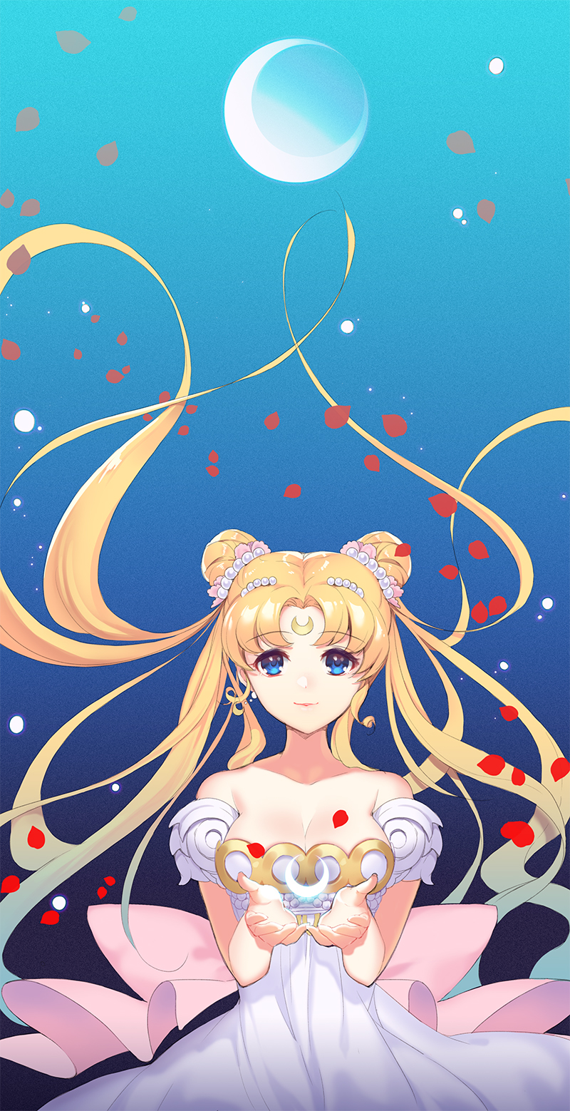 1girl bare_shoulders bishoujo_senshi_sailor_moon blonde_hair blue_background blue_eyes bow breasts cleavage crescent dakun double_bun facial_mark forehead_mark hair_ornament hairpin highres long_hair looking_at_viewer moon petals pink_bow princess_serenity smile solo tsukino_usagi twintails upper_body