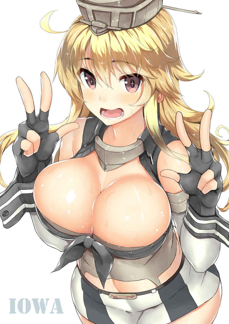 1girl ahoge bare_shoulders belt black_gloves black_ribbon black_shirt blonde_hair body_mahattaya_ginga breasts buckle bursting_breasts character_name cleavage collar corset cowboy_shot crop_top double_w elbow_gloves eyebrows eyebrows_visible_through_hair fingerless_gloves front-tie_top gloves hair_between_eyes iowa_(kantai_collection) large_breasts long_hair looking_at_viewer open_clothes open_shirt red_eyes ribbon shiny shiny_skin shirt sidelocks skirt solo star star-shaped_pupils striped striped_skirt sweat sweatdrop symbol-shaped_pupils tareme teeth thighs unbuttoned w wet wrist_cuffs