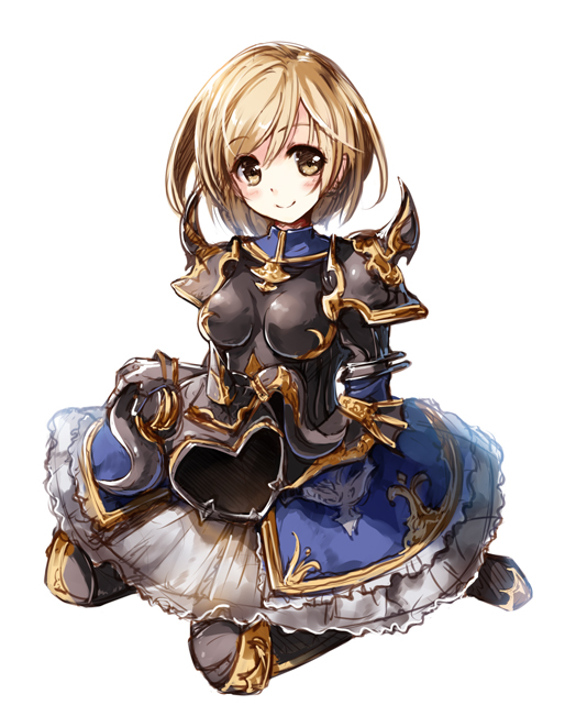 1girl armor armored_boots armored_dress black_armor blonde_hair blush boots dark_fencer_(granblue_fantasy) djeeta_(granblue_fantasy) dress gauntlets granblue_fantasy headwear_removed helmet helmet_removed horned_helmet horns looking_away looking_to_the_side miyase_mahiro pauldrons short_hair simple_background sitting smile solo spikes wariza white_background yellow_eyes