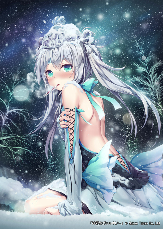 1girl akkijin bare_back bare_shoulders blush breath detached_sleeves dress green_eyes ice long_hair mouth_hold night night_sky outdoors shinkai_no_valkyrie silver_hair sitting sky sleeves_past_wrists snow snowing solo star_(sky) starry_sky thermometer twintails