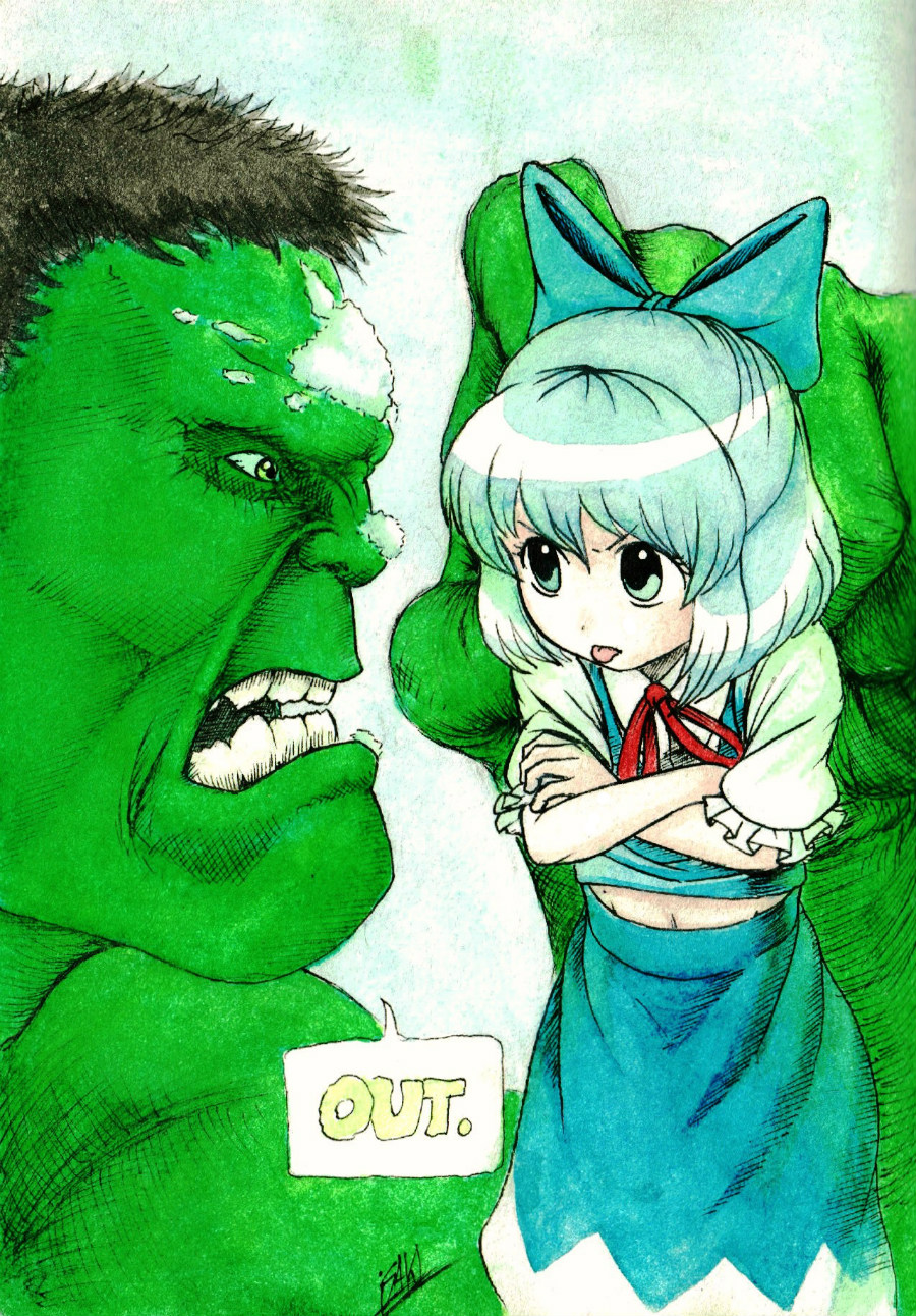 &gt;:p 1boy 1girl :p angry ascot black_hair blue_eyes blue_hair bow cirno commentary crossed_arms crossover english eye_contact female green_eyes green_skin hair_bow highres holding_up hulk isaki_tanaka looking_at_another male marvel navel short_hair short_sleeves size_difference skirt skirt_set snowball speech_bubble teeth tongue tongue_out touhou traditional_media