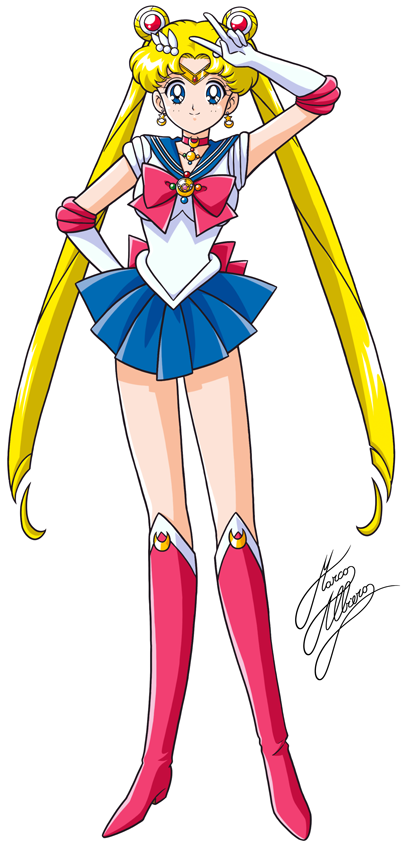1girl arm_up bishoujo_senshi_sailor_moon blonde_hair blue_eyes blue_skirt boots bow brooch choker double_bun earrings elbow_gloves full_body gloves hair_ornament hairpin hand_on_hip jewelry knee_boots long_hair magical_girl marco_albiero pleated_skirt red_boots red_bow sailor_collar sailor_moon signature skirt smile solo standing tiara tsukino_usagi twintails v white_background white_gloves