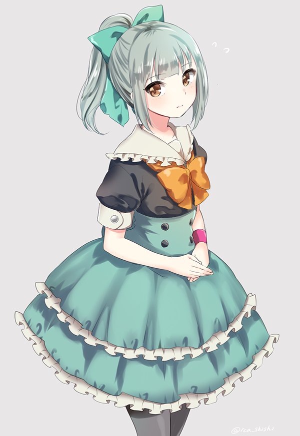 1girl adapted_costume aqua_hair artist_name black_legwear blush bow bowtie breasts buttons closed_mouth collar collarbone dress expressionless eyebrows eyebrows_visible_through_hair flying_sweatdrops frilled_collar frills green_bow green_dress grey_background hair_bow hands_together ica kantai_collection layered_dress orange_bow orange_bowtie own_hands_together pantyhose ponytail puffy_short_sleeves puffy_sleeves short_hair short_sleeves sidelocks simple_background solo standing sweatband tareme yuubari_(kantai_collection)