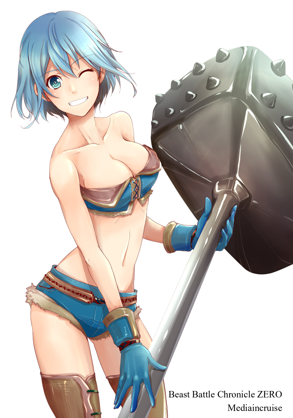 1girl ;d baku_(bakunooekaki) bare_shoulders belt blue_eyes blue_gloves blue_hair blush boots breasts brown_boots cleavage collarbone contrapposto copyright_request denim denim_shorts fantasy gloves grin hammer highres holding_weapon huge_weapon looking_at_viewer midriff navel one_eye_closed open_mouth short_hair short_shorts shorts simple_background smile solo spikes spread_fingers standing stomach strapless tareme teeth text thigh-highs thigh_boots tubetop weapon white_background