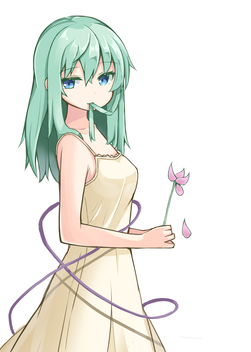 1girl alternate_costume bare_arms bare_shoulders blue_eyes dress flower green_hair hair_in_mouth komeiji_koishi long_hair looking_at_viewer ominaeshi_(takenoko) sleeveless sleeveless_dress solo touhou