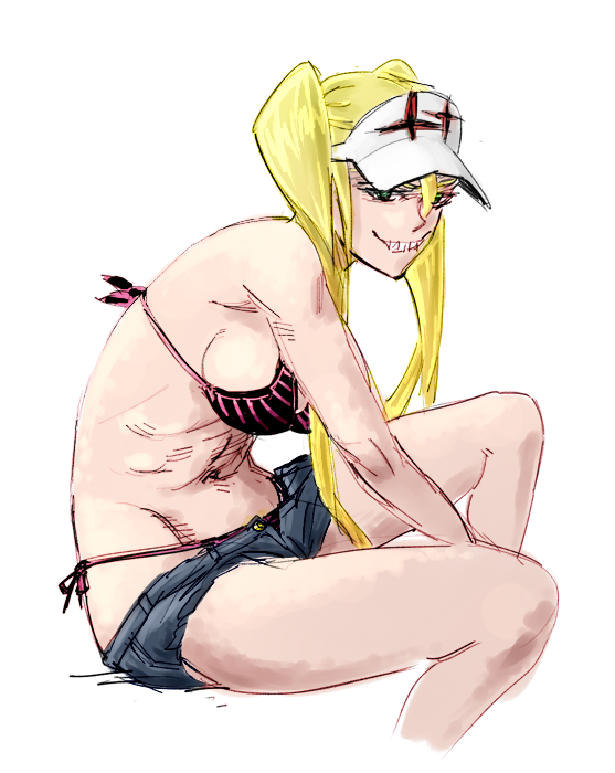 1girl artist_request blonde_hair breasts colored drawfag grin hakodate_omiko kill_la_kill large_breasts long_hair midriff monochrome navel sharp_teeth shorts smile solo source_request swimsuit teeth twintails visor_cap