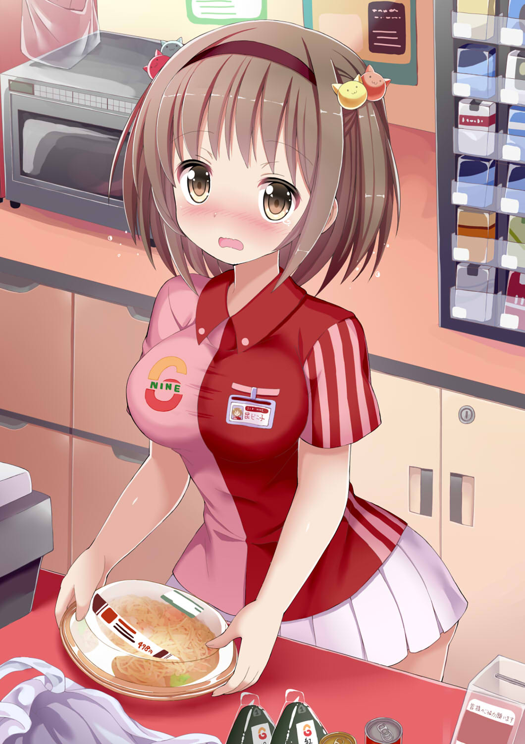 1girl 7-eleven blush brand_name_imitation brown_eyes brown_hair commentary_request convenience_store counter employee_uniform food givuchoko hair_ornament hairband highres microwave moe2016 obentou onigiri open_mouth original pasta shirt shop short_hair skirt solo tears uniform wavy_mouth