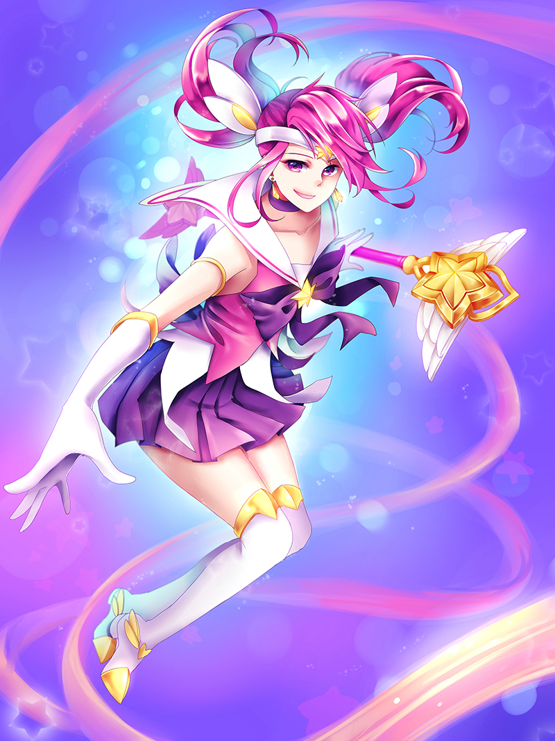 1girl baton boots bow brooch collarbone earrings elbow_gloves gloves hair_ornament jewelry league_of_legends ling_(vivianling) looking_at_viewer luxanna_crownguard magical_girl pink_eyes pink_hair pleated_skirt school_uniform serafuku shirt skirt smile solo star_guardian_lux thigh-highs thigh_boots thighs tiara twintails white_boots white_gloves