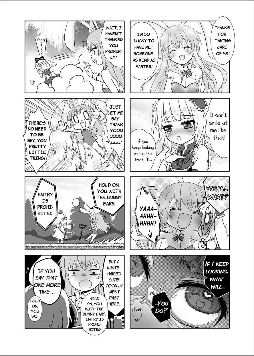 animal_ears artist_request blush bunny_girl bunnysuit comic death_flag erina_(rabi-ribi) heart heart-shaped_pupils heart_in_mouth highres irisu_(rabi_ribi) official_art rabbit_ears rabi-ribi smile symbol-shaped_pupils yuri