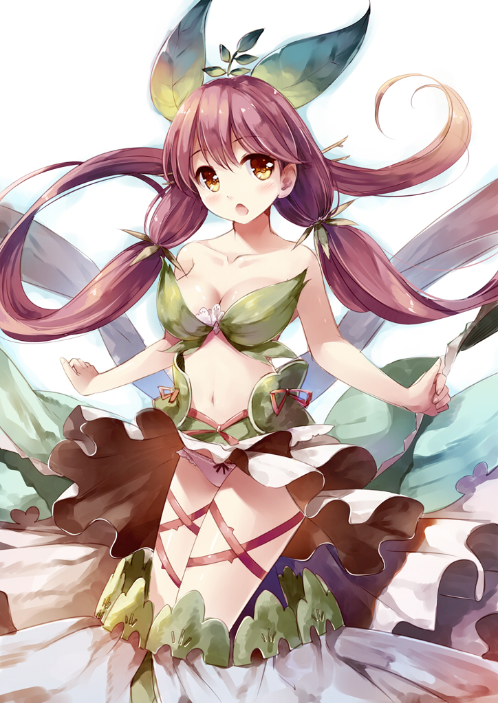 1girl bare_arms bare_shoulders blush breasts brown_eyes cleavage collarbone granblue_fantasy hair_ornament leaf_bikini leaf_hair_ornament long_hair looking_at_viewer low_twintails midriff miyase_mahiro navel open_mouth panties pantyshot pantyshot_(standing) purple_hair solo standing thigh_strap twintails underwear very_long_hair white_panties yggdrasill_(granblue_fantasy)