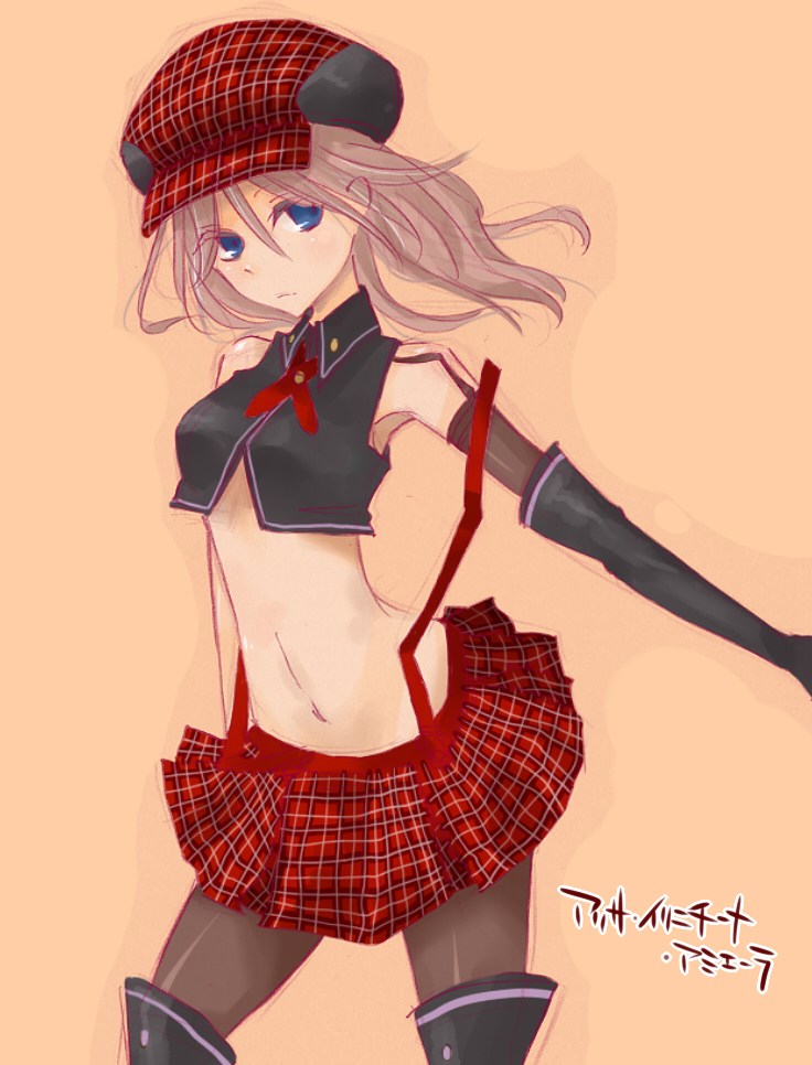 1girl alisa_ilinichina_amiella black_boots blue_eyes boots breasts cabbie_hat elbow_gloves fingerless_gloves foggy1100 gloves god_eater hat long_hair looking_at_viewer silver_hair skirt solo suspender_skirt suspenders