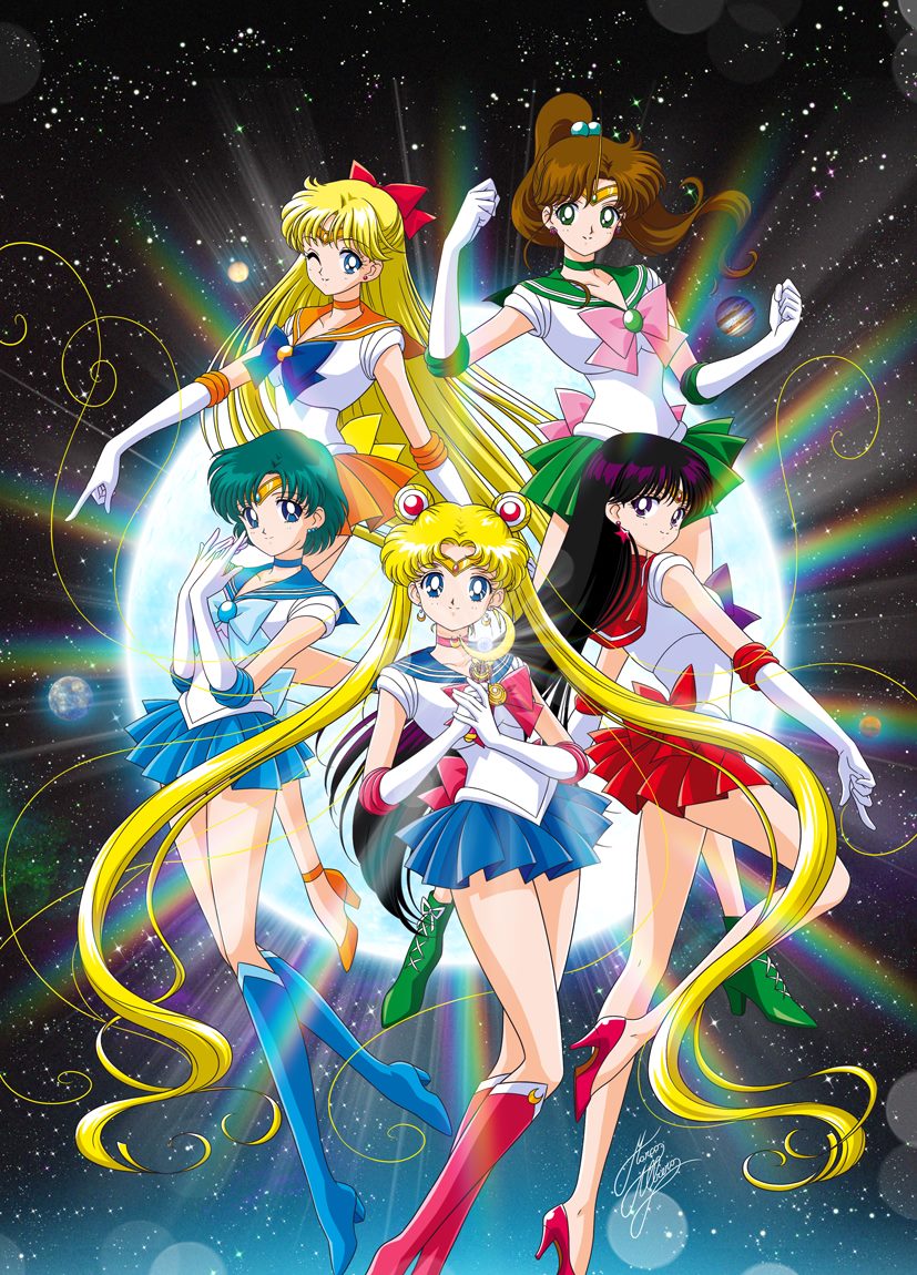 5girls aino_minako bishoujo_senshi_sailor_moon black_hair blonde_hair blue_boots blue_bow blue_eyes blue_hair boots bow brooch brown_hair choker double_bun earrings elbow_gloves gloves green_eyes green_skirt hair_bobbles hair_bow hair_ornament hairpin half_updo high_heels hino_rei inner_senshi jewelry kino_makoto knee_boots long_hair looking_at_viewer maboroshi_no_ginzuishou magical_girl marco_albiero mizuno_ami moon_stick multiple_girls one_eye_closed orange_shoes orange_skirt pink_bow pleated_skirt ponytail purple_bow red_boots red_bow red_shoes red_skirt sailor_collar sailor_jupiter sailor_mars sailor_mercury sailor_moon sailor_senshi sailor_venus shoes short_hair signature skirt smile star star_earrings tiara tsukino_usagi twintails violet_eyes white_gloves yellow_bow