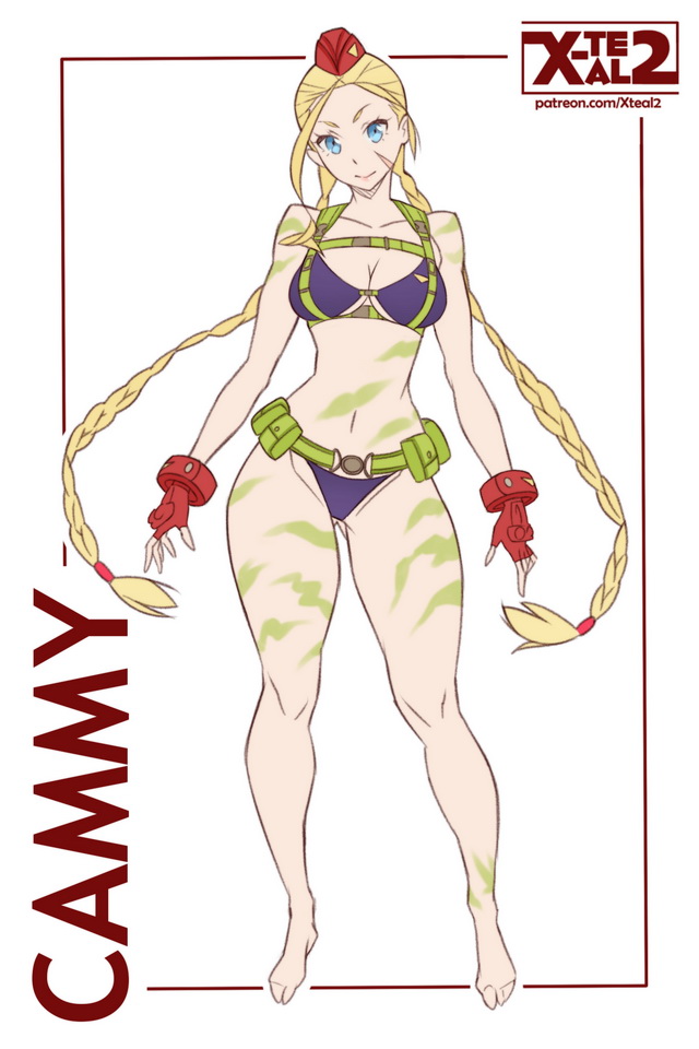 1girl alternate_costume artist_name bikini blonde_hair blue_eyes braid breasts cammy_white character_name cleavage fingerless_gloves gloves harness looking_at_viewer scar smile solo street_fighter street_fighter_v swimsuit tattoo twin_braids twintails watermark web_address x-teal2