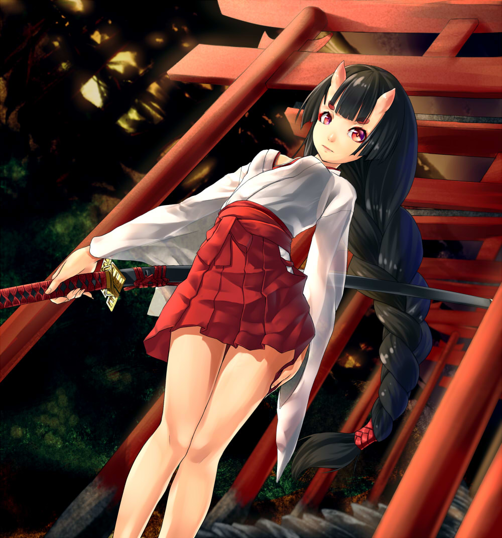 1girl bangs black_hair braid breasts cleavage demon_girl dutch_angle from_below hakama_skirt hand_on_own_thigh hiko_(hiko224556) japanese_clothes katana legs long_hair looking_at_viewer miko oni_horns original red_eyes red_hakama see-through short_eyebrows single_braid skirt skirt_lift small_breasts solo sword torii very_long_hair weapon