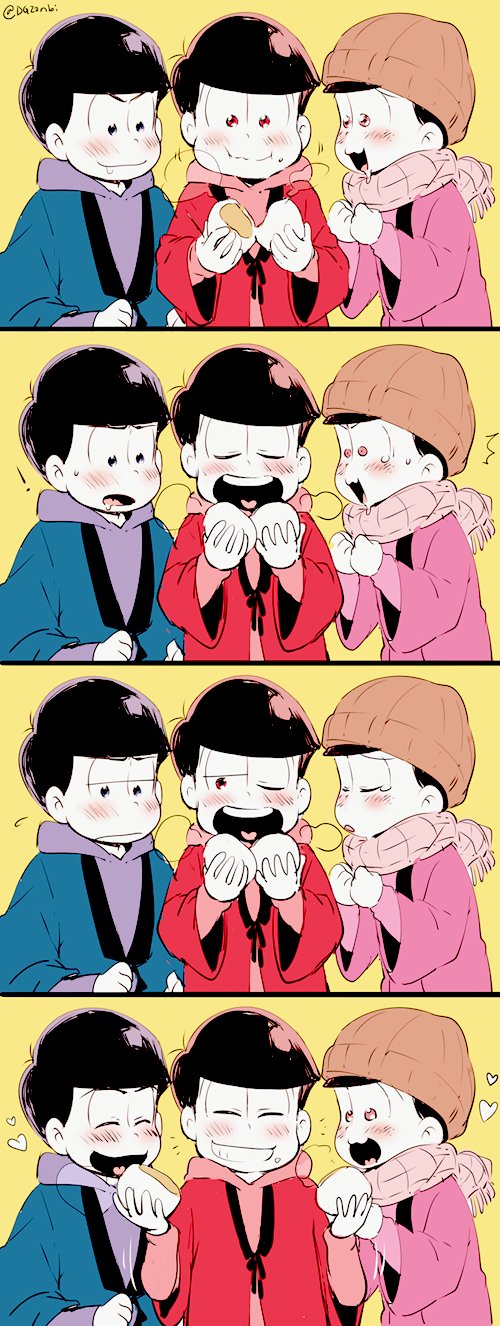 3boys 4koma baozi black_hair bowl_cut brothers comic drooling food haori heart highres hood hoodie japanese_clothes kl male_focus matsuno_karamatsu matsuno_osomatsu matsuno_todomatsu multiple_boys osomatsu-kun osomatsu-san pink_eyes red_eyes scarf sharing_food siblings silent_comic smile twitter_username