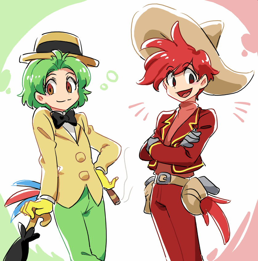 2boys bird_tail brown_eyes cigar crossed_arms disney gloves green_hair grey_gloves hat holster jose_carioca male_focus multiple_boys panchito_pistoles personification redhead smile sombrero tomatok0 umbrella yellow_gloves