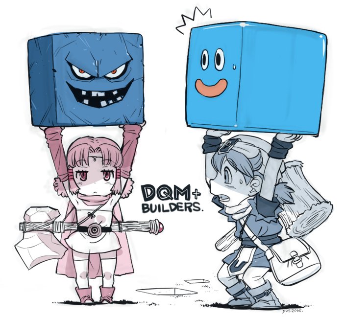 /\/\/\ 1boy 1girl :&lt; ankle_boots axe bag block boots cape carrying circlet copyright_name dragon_quest dragon_quest_builders dragon_quest_monsters_plus dress hammer hero_(dqb) jitome marumo messenger_bag partially_colored rockbomb shoulder_bag slime_(dragon_quest) strapless strapless_dress sweatdrop twintails weapon yoshizaki_mine